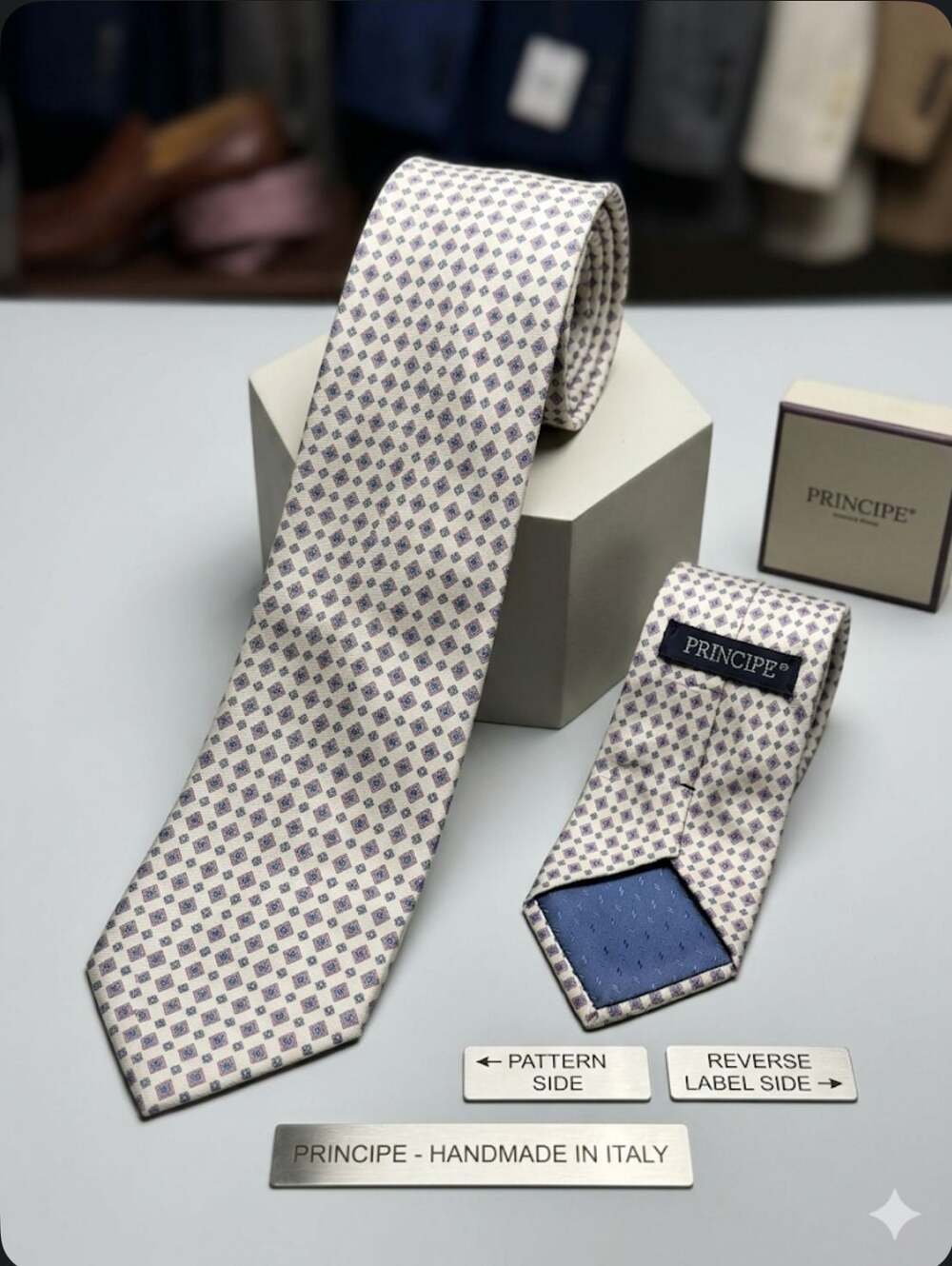 Wembley Vintage Silk Clip-On Tie Tan Geometric Pattern